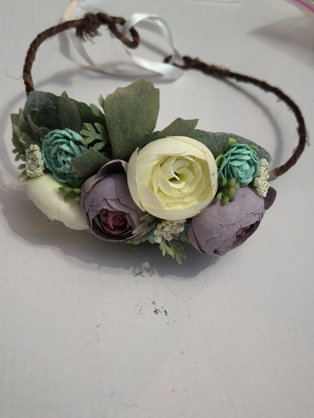 Floral Crown Headband with Cream, Lavender & Teal Flowers